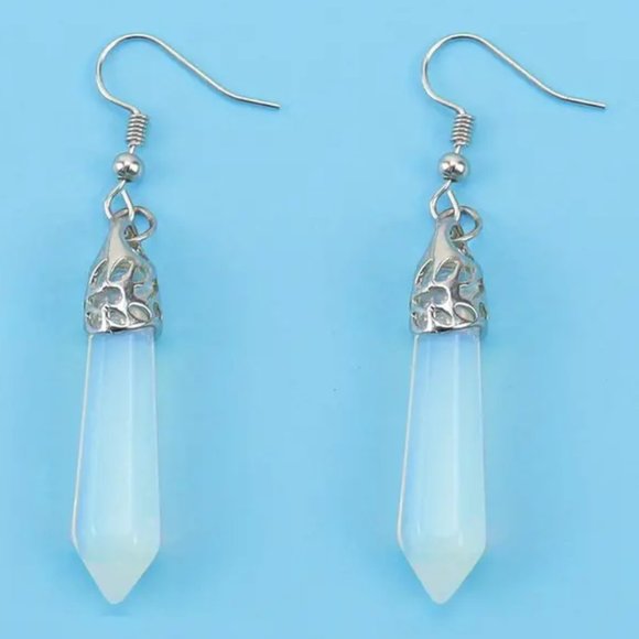 Opal Hexagon Point Glass Stone Dangle Earrings - Picture 2 of 3